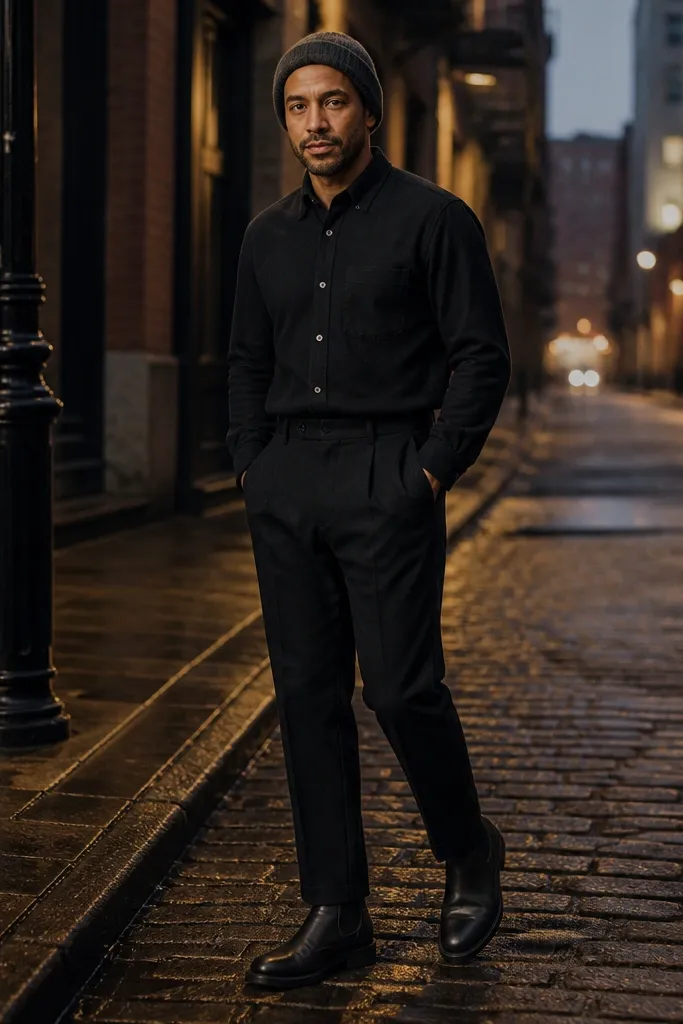 Black flannel shirt with black wool trousers and a black knit beanie