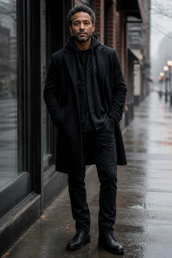 Black flannel under a black hoodie with a long black overcoat and boots