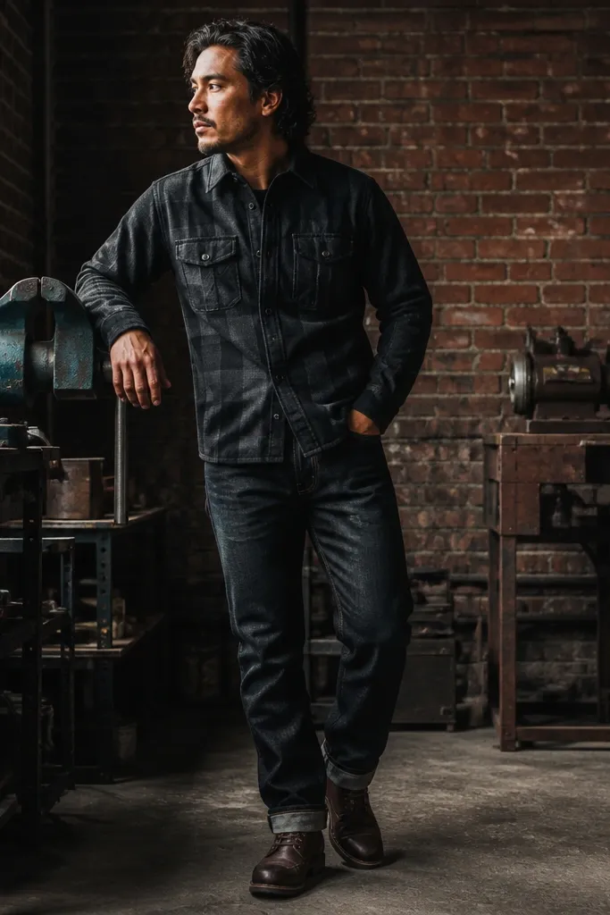 Black flannel workshirt with black selvedge denim and black boots