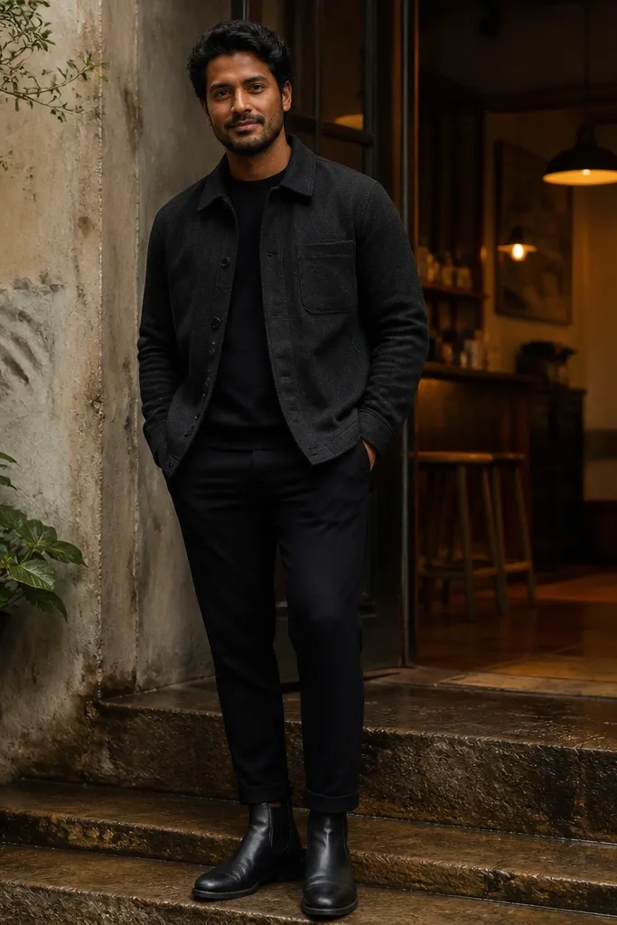 Black flannel shirt-jacket worn with black knit pants and dark sneakers