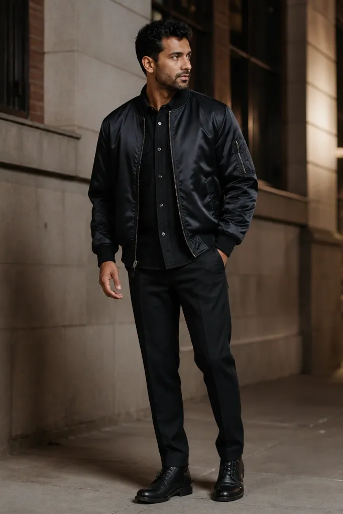 Black flannel layered under a black satin bomber with dark trousers