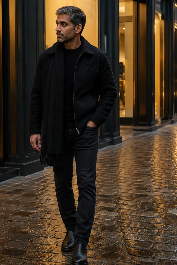 Black flannel half-zip with black jeans and a long black scarf