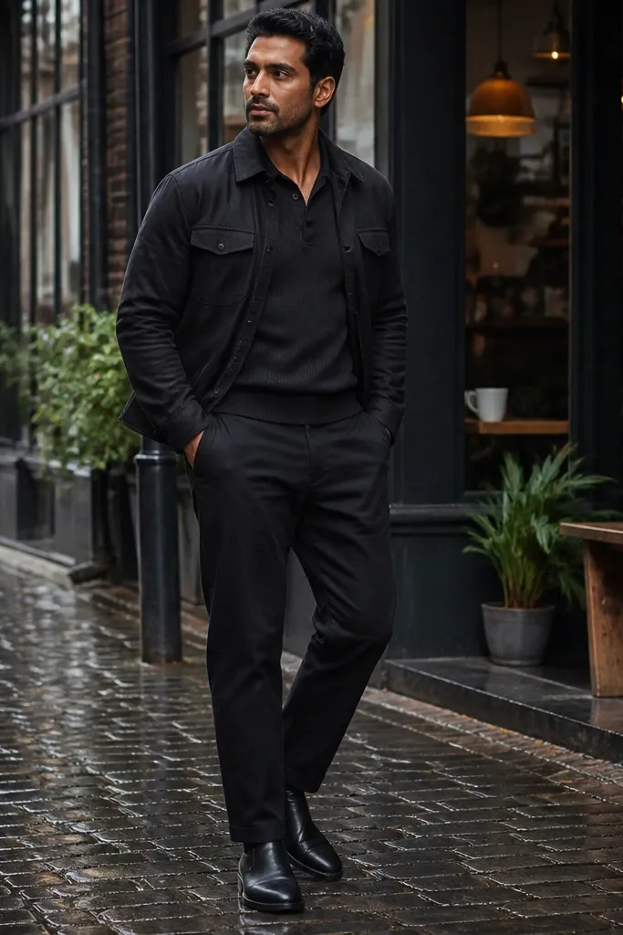 Black flannel layered over a black knit polo with black chinos