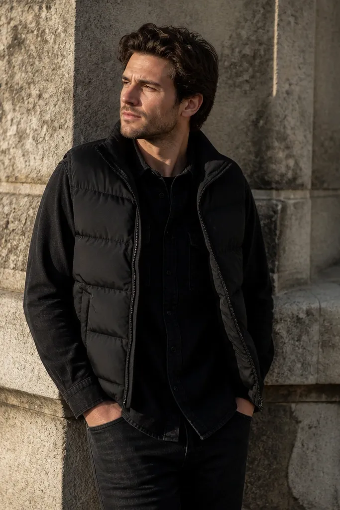 Black flannel button-up under a black puffer vest with black jeans