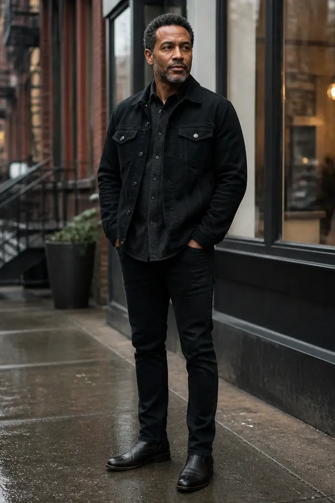 Black flannel layered under a black denim jacket with black jeans
