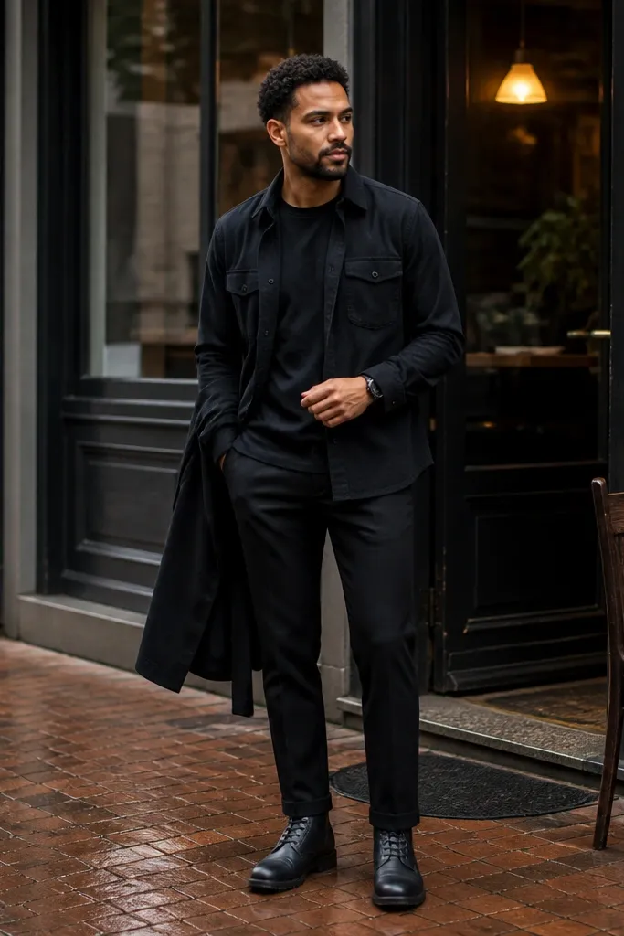 Black flannel worn open over a black base layer with black straight trousers