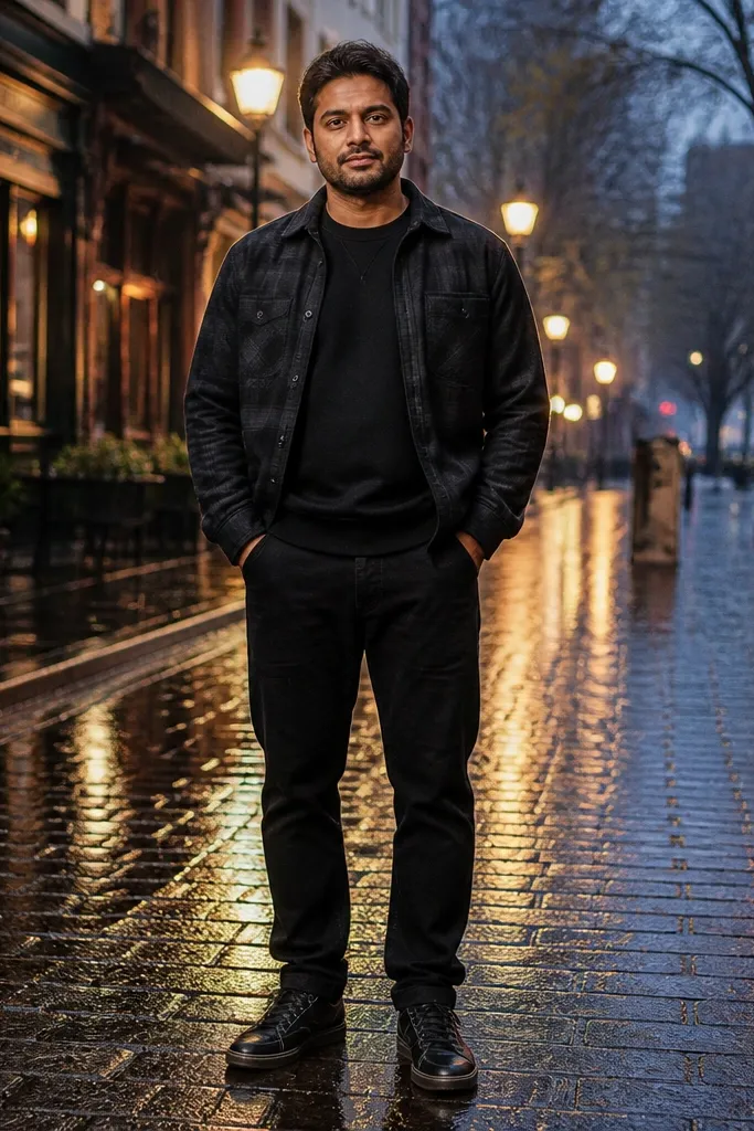 Black flannel over a black sweatshirt with black leather sneakers