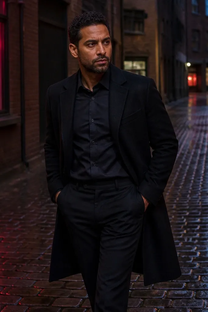 Black flannel shirt paired with black suit trousers and a black overcoat