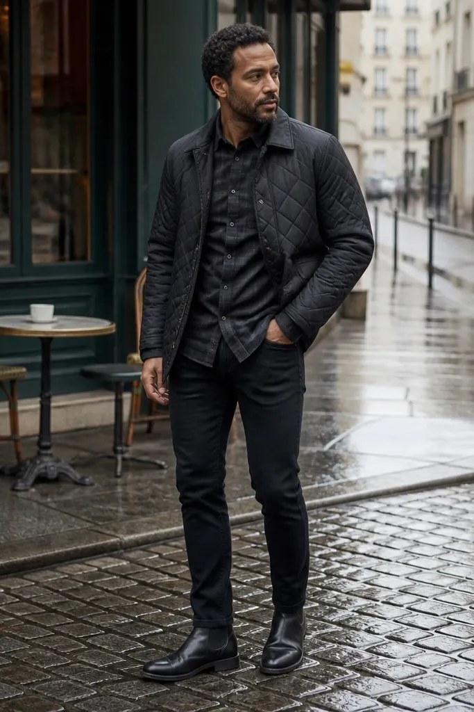 Black flannel layered under a black quilted jacket with black jeans
