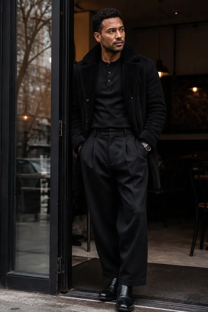 Ink-black flannel henley under a shearling coat with wide black trousers