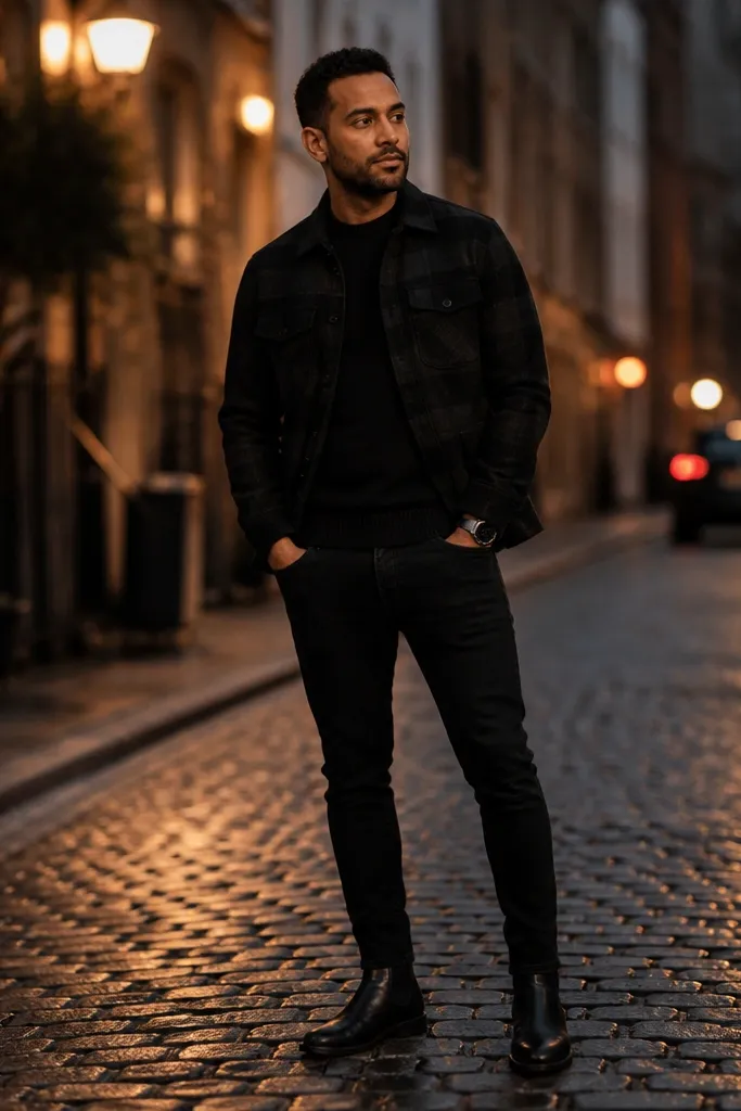 Dark flannel outfits for men all black