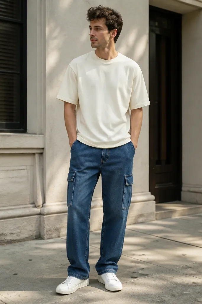 A man wearing washed indigo denim cargo pants with a relaxed straight leg, a cream heavyweight crewneck tee, and clean white low-top sneakers. The outfit is shown full-body on a sidewalk with soft daylight; the cargo pockets lie flat and the hem lightly breaks.