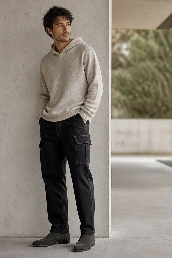 A man in black denim cargo pants paired with an oatmeal zipless hoodie and charcoal suede chukka boots. The image shows the boots with a slight heel and the hoodie sleeves sitting over the wrists; the cargo hem is clean with a small break.