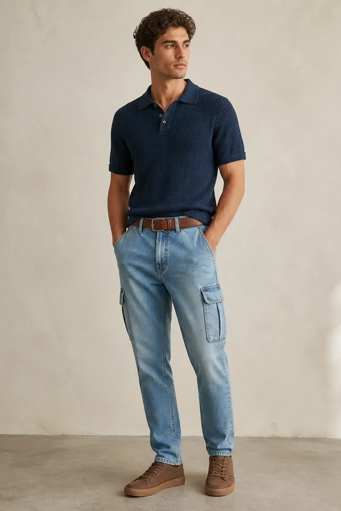 A full-body shot of light blue denim cargo pants with a navy knit polo tucked in slightly, plus a tan leather belt and casual low-profile brown shoes. The cargo pockets show a clean, flat lay and the legs taper gently.