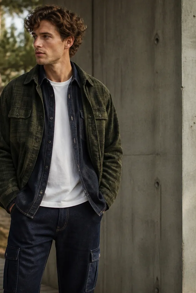 A layered look: indigo denim cargo pants, an olive flannel shirt jacket worn open over a dark denim overshirt, and a plain white tee underneath. The photo shows the collar layers and the cargo pockets sitting flat.