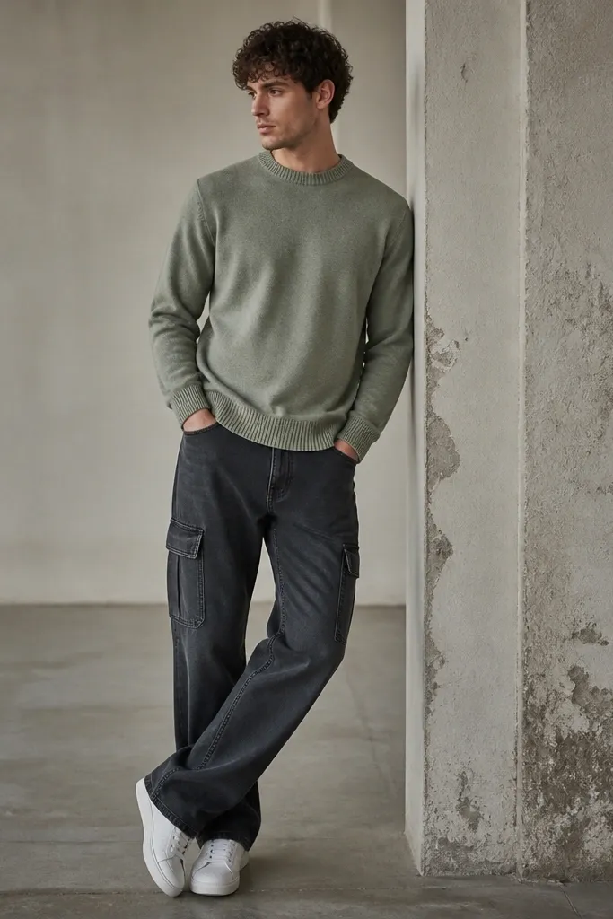 Charcoal denim cargo pants with a straight leg, a sage green crewneck sweater, and white trainers. The image focuses on the contrast between the muted sweater and the darker denim, with the cargo hem slightly broken over the shoes.