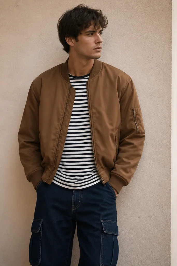 Indigo denim cargos paired with a black-and-white striped tee and a light brown bomber jacket. The photo shows the bomber collar framing the striped shirt and the cargo pockets visible near the thighs.