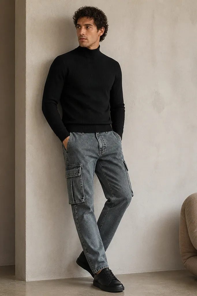 Stone washed denim cargo pants with a slightly tapered leg, a black mock neck sweater, and black leather sneakers. The image shows the mock neck snug at the throat and the cargo hem hitting just above the shoe tongue.