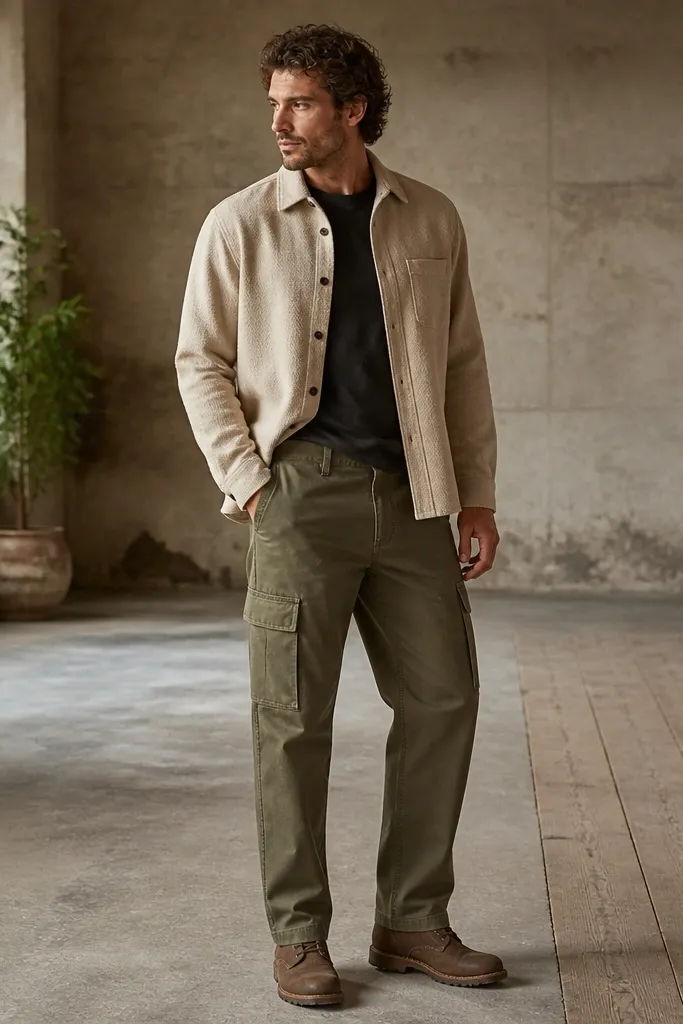 Olive denim cargo pants with a straight leg, a cream overshirt worn open, and rugged work boots. The overshirt has visible buttons and a textured weave; the cargo pockets are prominent and lie flat.