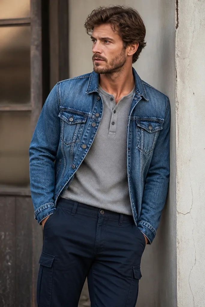 Dark indigo cargo pants with a gray thermal henley tucked in slightly, and a medium-wash denim jacket worn open. The jacket seams and chest pockets are visible; the cargo pockets show along the thighs.