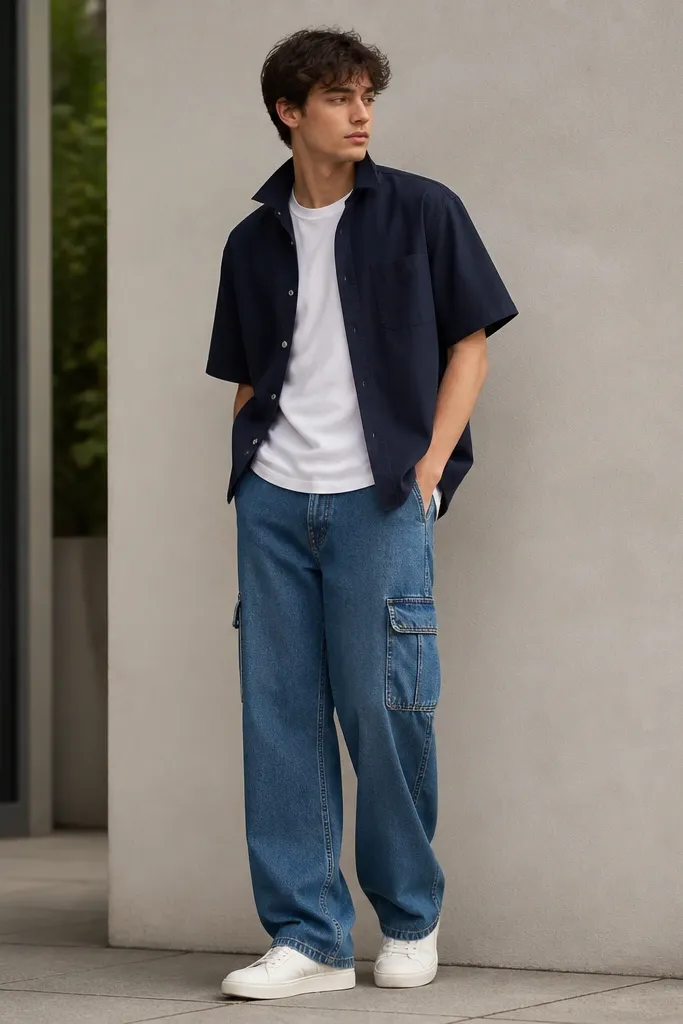 Mid blue denim cargo pants paired with a white tee under a navy short-sleeve button-up worn open. The image shows the shirt collar slightly lifted and the cargo pockets visible; shoes are simple white sneakers.