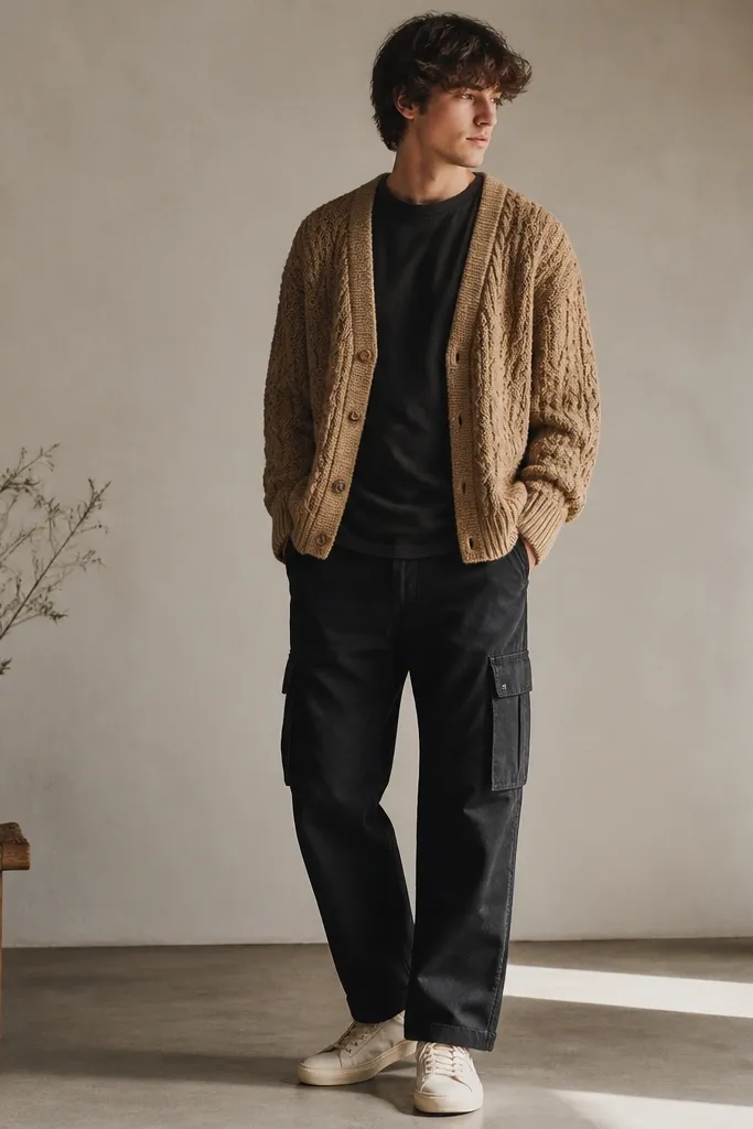 Black denim cargo pants with a tan cable knit cardigan worn over a dark tee, plus low-profile sneakers in off-white. The cardigan texture is clear and the cargo hem shows a clean break.