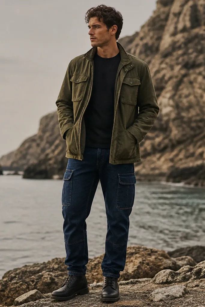 Indigo denim cargo pants with a black crew sweatshirt and an olive field jacket worn open. The field jacket has flap pockets; the cargo pockets are visible underneath, and the shoes are dark boots.