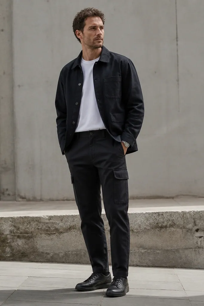 A man stands outdoors wearing black Dickies cargo pants with a slightly tapered leg and ankle-length hem. He has a thick white heavyweight crewneck tee tucked at the front and a dark chore jacket layered over it. Black leather sneakers and a simple watch finish the look.