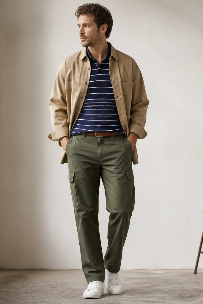 A man models olive Dickies cargo pants with cargo pockets visible on the sides. He wears a navy-and-white striped polo shirt slightly untucked and a tan canvas overshirt open over it. Clean white low-top sneakers and a brown belt are shown.