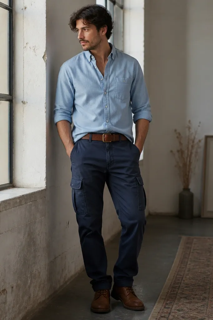 A man wears washed navy Dickies cargo pants with a relaxed fit. He has a light blue button-down shirt worn with the sleeves rolled to mid-forearm, top button open, and the shirt half-tucked. Brown leather boots and a tan leather belt are visible.