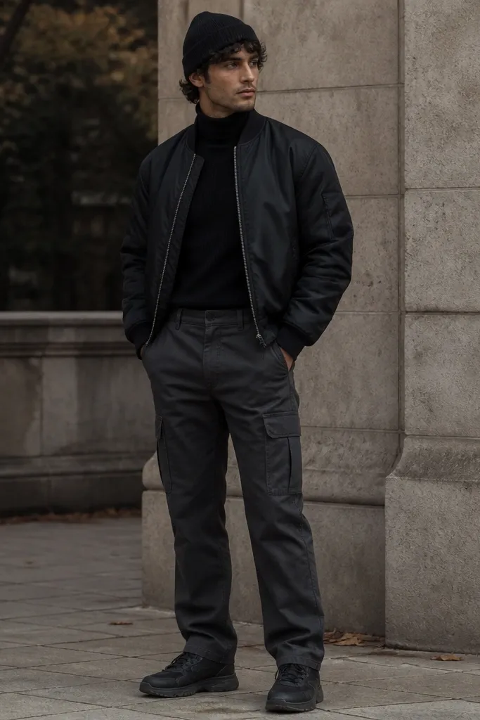 A man stands in cooler weather wearing charcoal Dickies cargo pants. He has a black ribbed knit turtleneck tucked in and a black bomber jacket zipped partway. Dark sneakers and a beanie are shown.
