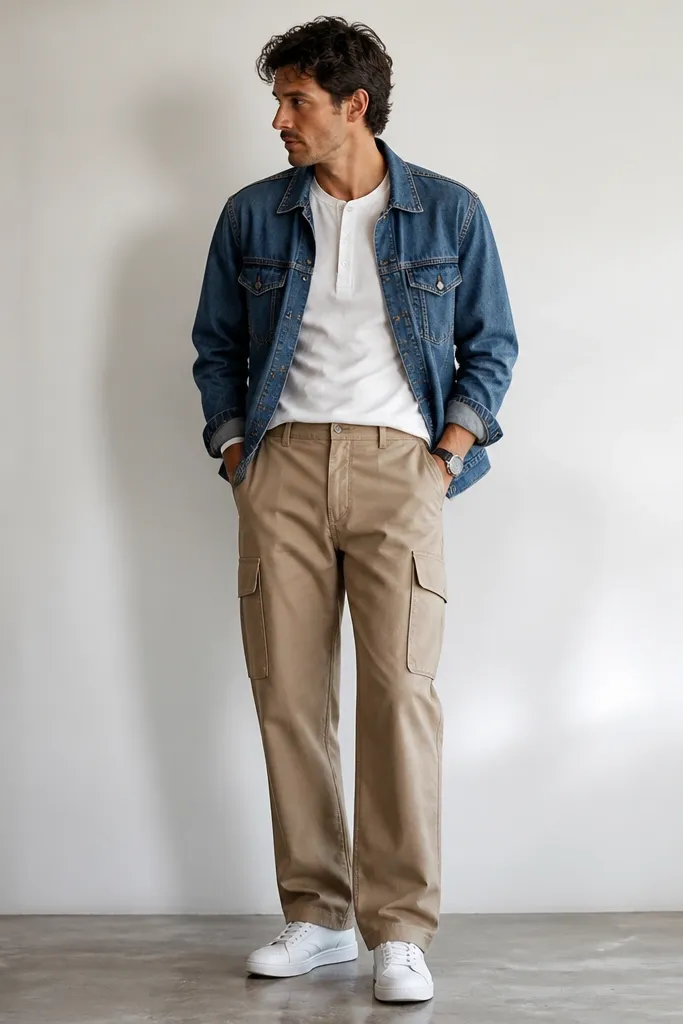 A man wears tan Dickies cargo pants with a straight leg. He has a white henley shirt with three buttons and short sleeves, slightly tucked. A medium-wash denim jacket is worn over it. White sneakers and a simple watch complete the photo.
