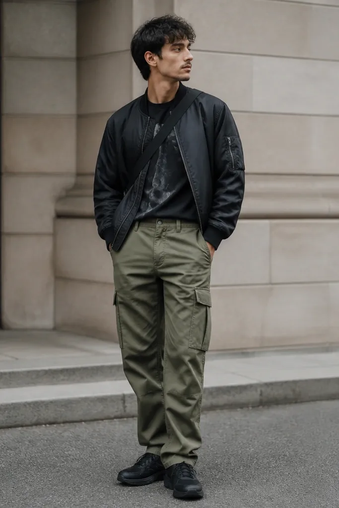 A man in olive Dickies cargo pants wears a black graphic tee tucked at the front. He layers a dark bomber jacket with a subtle satin sheen. He has black sneakers and a crossbody strap across his chest.