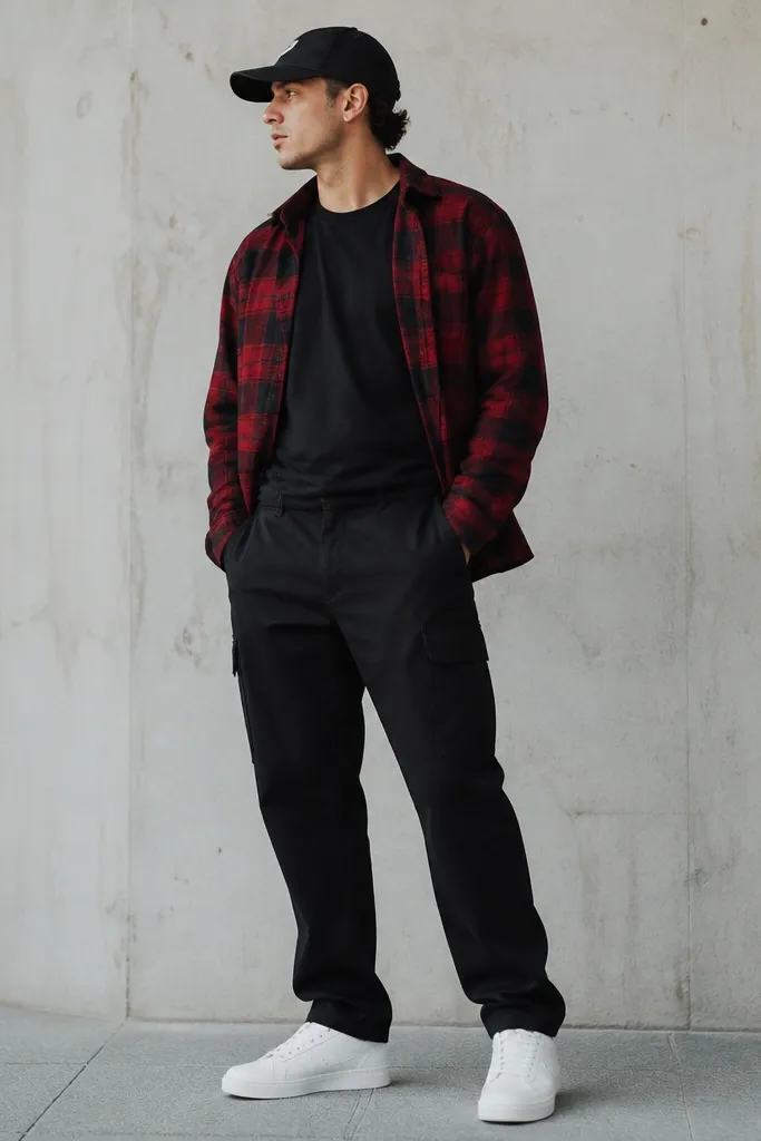 A man wears black Dickies cargo pants and a red-and-black plaid flannel button-up. The flannel is worn open over a black tee, with the tee tucked slightly. White low-top sneakers are shown, with a black cap.