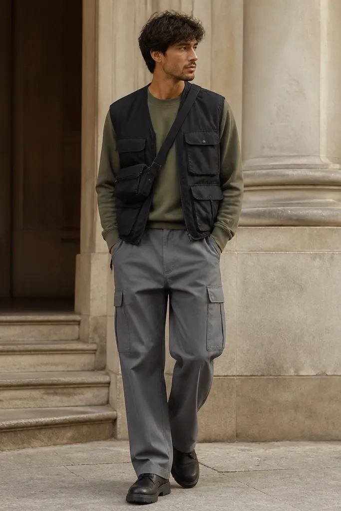 A man wears grey Dickies cargo pants and an olive crewneck sweatshirt tucked at the front. Over it, he has a black utility vest with multiple pockets. He wears dark boots and carries a small sling bag.