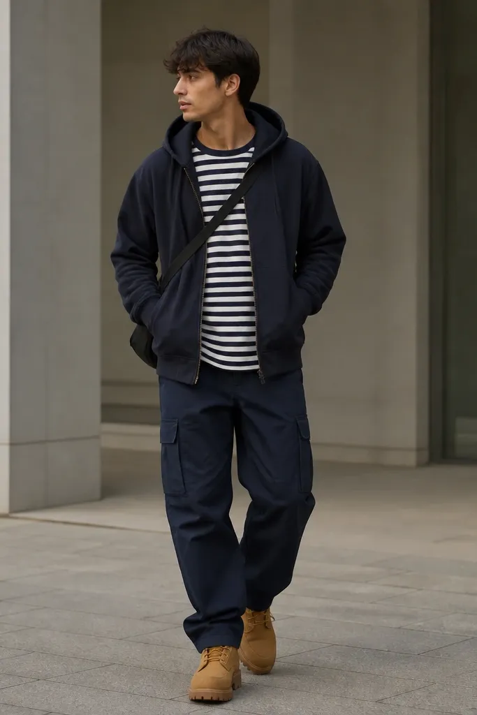 A man wears navy Dickies cargo pants with visible cargo pockets. He has a long-sleeve striped tee in navy and white and a dark bomber hoodie layered over it. He wears tan work boots and a simple crossbody bag.