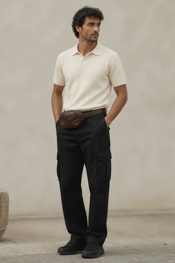 A man wears black Dickies cargo pants and a cream knit polo. The polo is tucked cleanly. Across his waist is a small leather belt bag in brown, and he wears black sneakers.