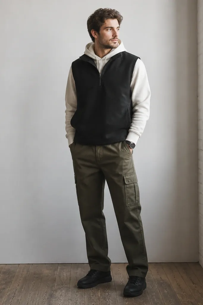 A man wears olive Dickies cargo pants and an off-white hoodie. Over it is a black quarter-zip vest. He has dark sneakers and a watch, with one cargo pocket partially visible.