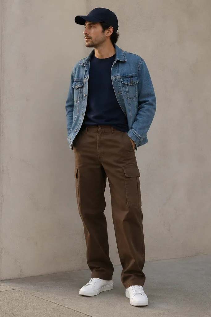 A man wears brown Dickies cargo pants and a navy crewneck tee tucked at the front. He has a medium-wash denim trucker jacket worn open. He wears white sneakers and a dark cap.