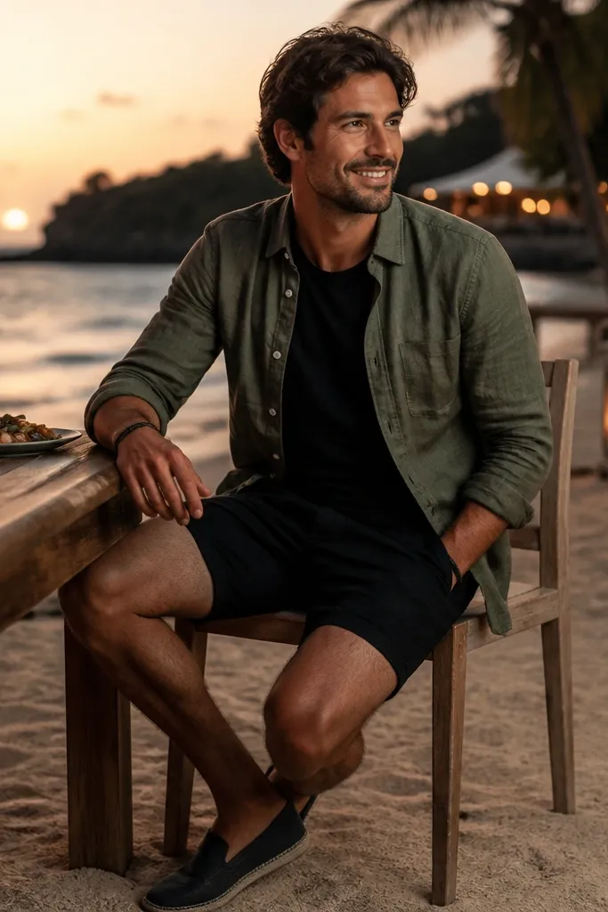 An olive-green linen button-up worn partially open over a black crew tee, paired with black relaxed shorts. Dark slip-on shoes and a simple leather bracelet. The photo looks like evening beach dining.