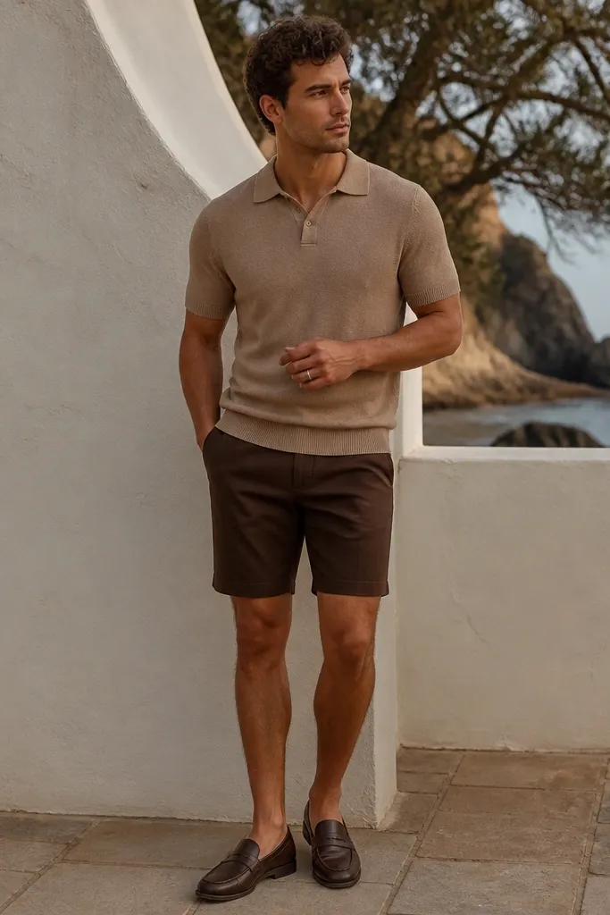 A tan knit polo with a matte finish paired with chocolate brown shorts with a straight hem. Leather loafers in dark brown and a simple gold ring.