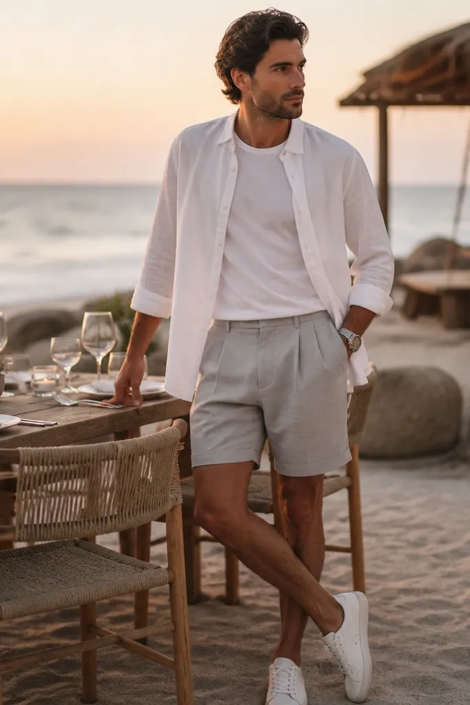 A white lightweight overshirt worn open over a crew tee, paired with light gray pleated shorts. Minimal white sneakers and a silver watch. Looks like a casual beach dinner setting.