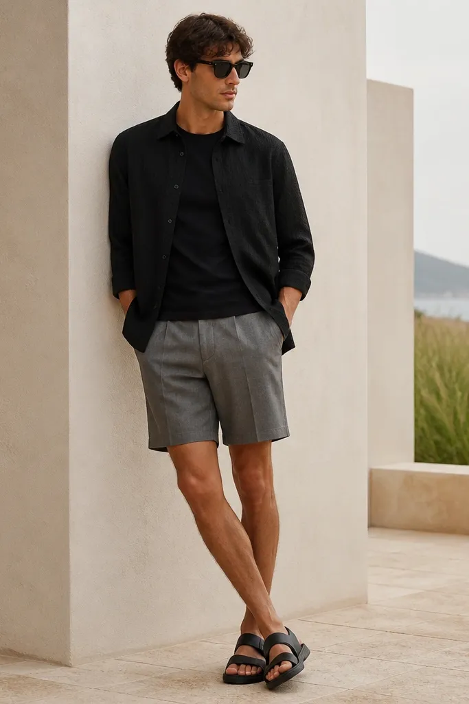 A black shirt with a subtle texture and a button front worn over a black tee, paired with gray tailored shorts with a clean front. Black leather sandals and sunglasses.