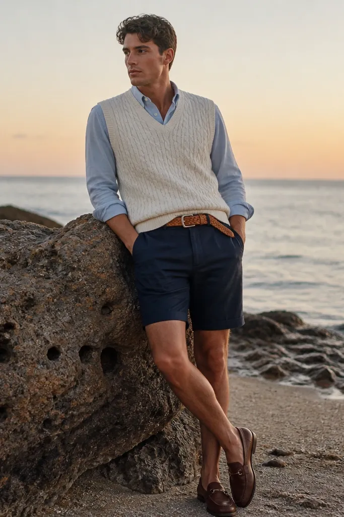 A cream knit sweater vest layered over a light blue button shirt, paired with navy shorts. Brown loafers and a straw belt. Evening beach lighting.