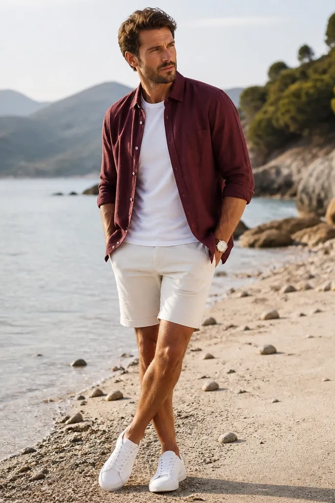 A burgundy linen shirt worn open over a white tee, paired with ecru shorts. White sneakers with clean laces and a simple watch. The background is a bright shoreline.