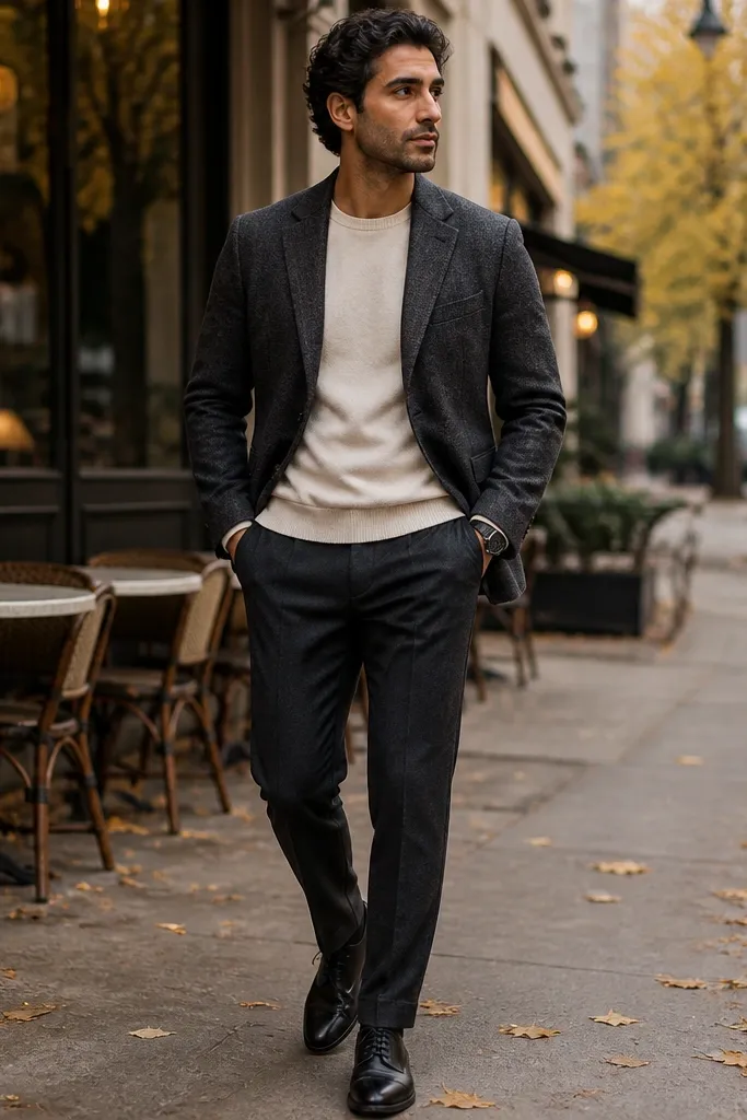 Charcoal blazer over a cream merino crewneck with dark trousers and brown leather boots