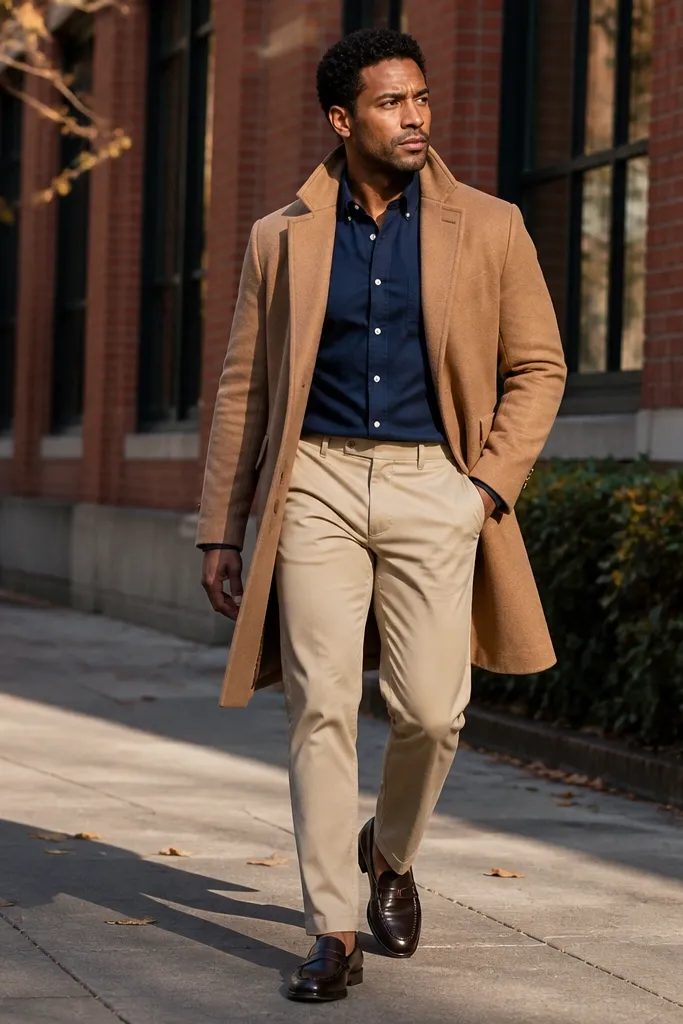 Camel overcoat over a navy button-down with slim tan chinos and dark brown loafers
