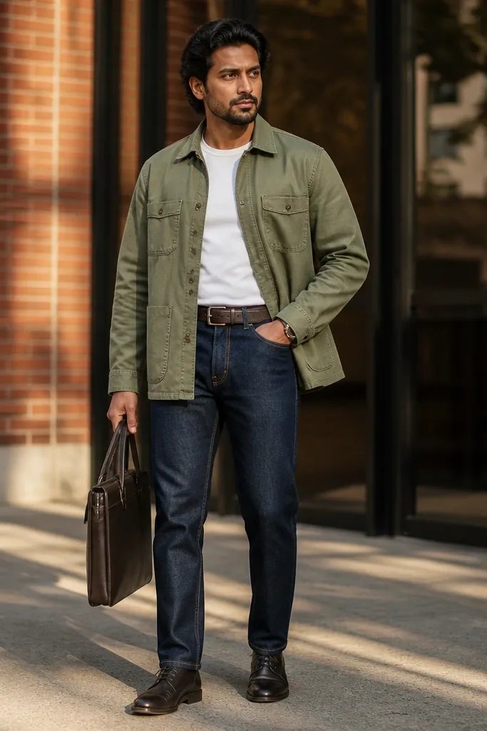 Olive overshirt over a white tee with dark indigo jeans and black leather boots