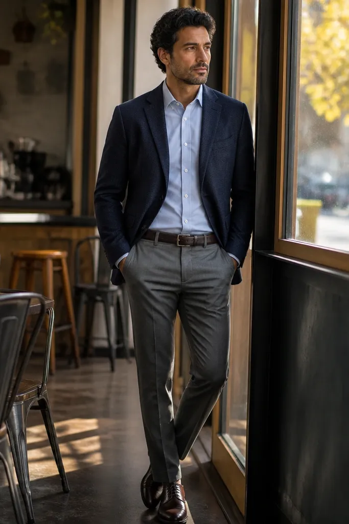 Navy knit blazer over a light blue shirt with gray trousers and dark brown derbies