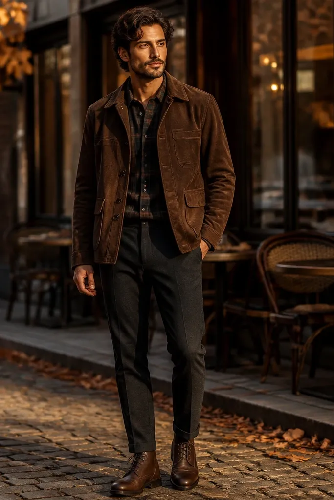 Brown suede chore jacket over plaid flannel with dark trousers and brown lace-up boots